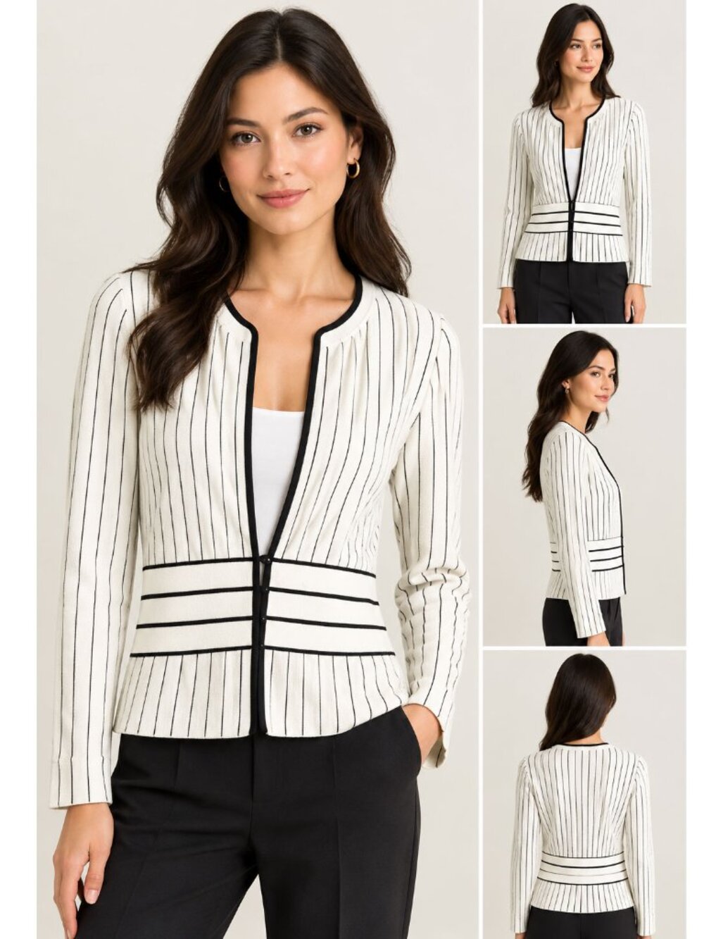 Misook Black & White Vertical Striped Open Front Knit Cardigan Jacket